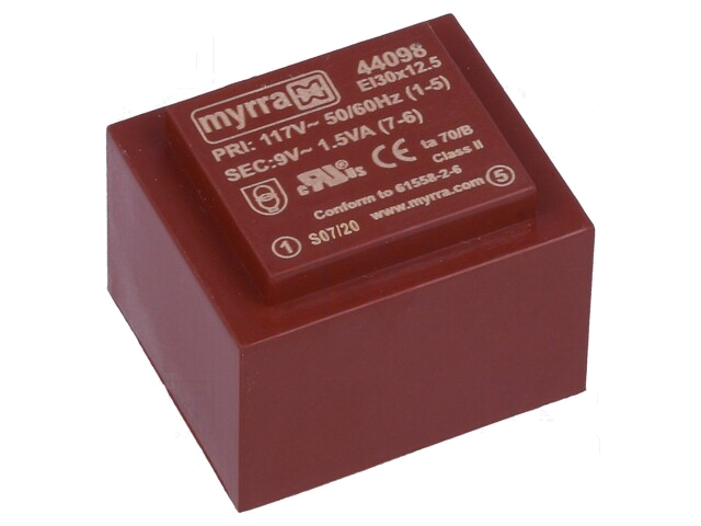 Transformator: ingegoten; 1,5VA; 117VAC; 9V; 167mA; PCB Transformator: ingegoten; 1,5VA; 117VAC; 9V; 167mA; PCB
